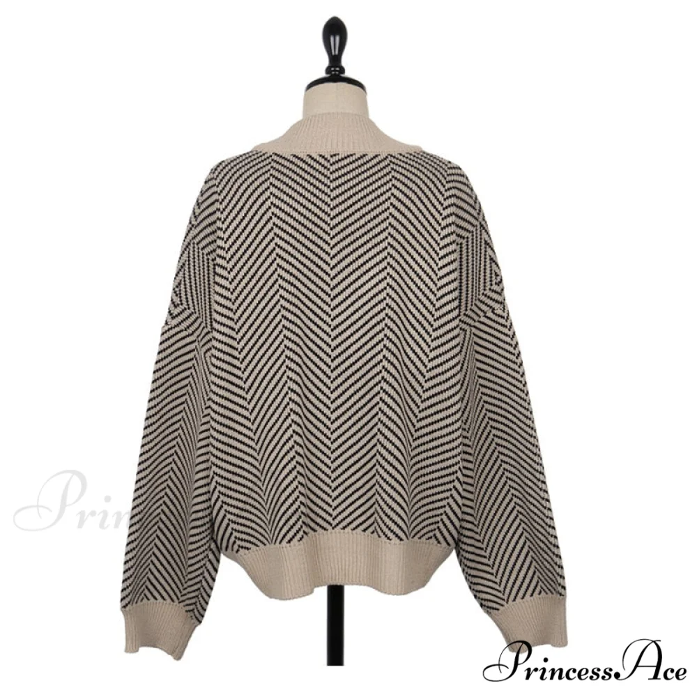 Casual Knitted Cardigan Oversize Button Front Contrast Stripe Cardigan - Image 5