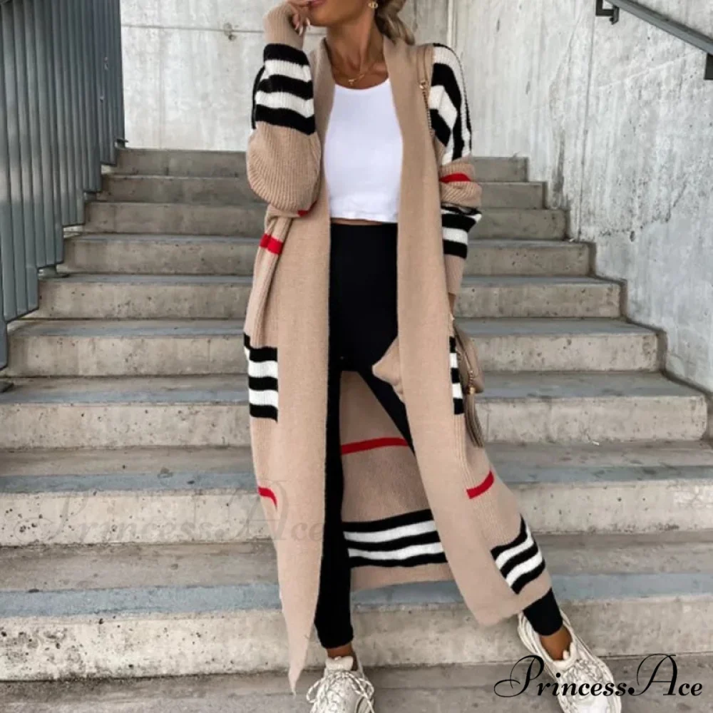 Casual Striped Color Matching Knitted Long Sweaters Cardigan - Image 4