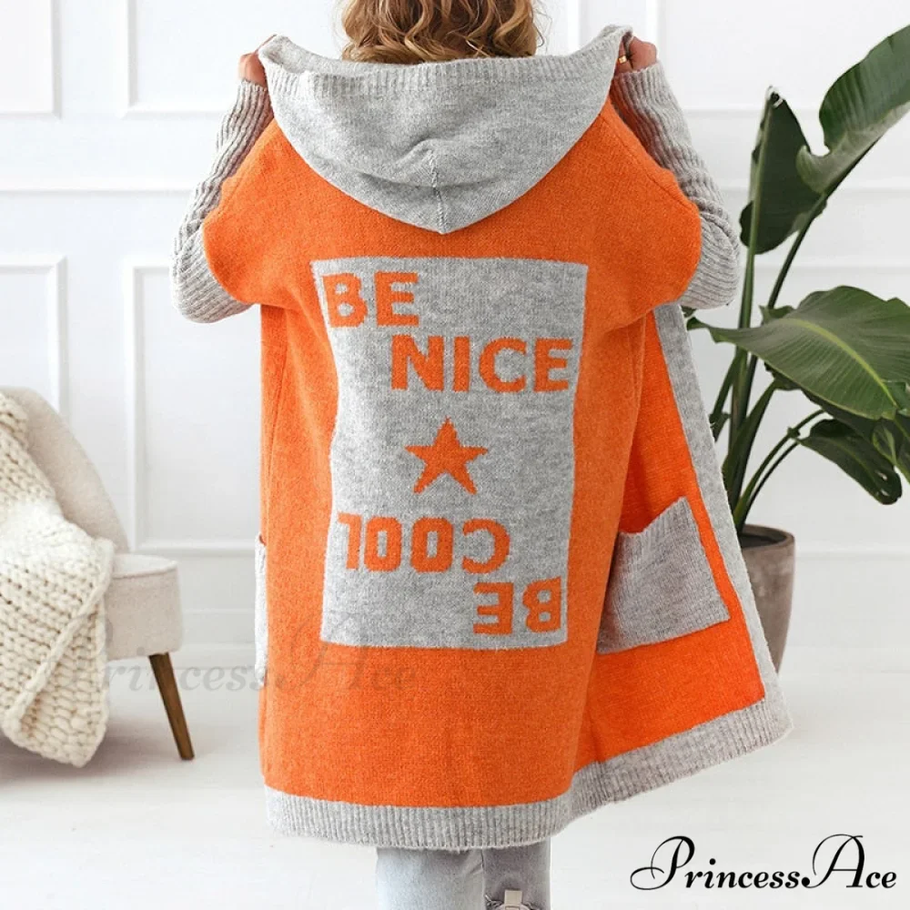 Letter Print Winter Warm Jacket Colorblock Hooded Cardigan - Image 2