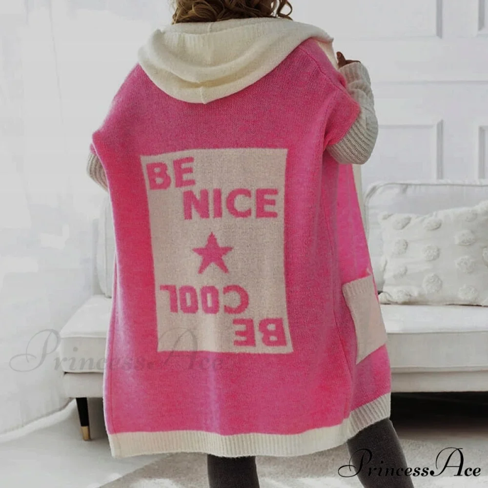 Letter Print Winter Warm Jacket Colorblock Hooded Cardigan - Image 3