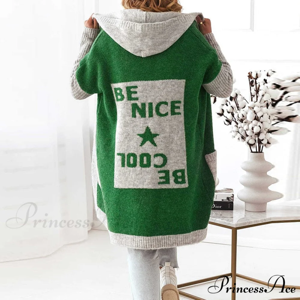 Letter Print Winter Warm Jacket Colorblock Hooded Cardigan - Image 4