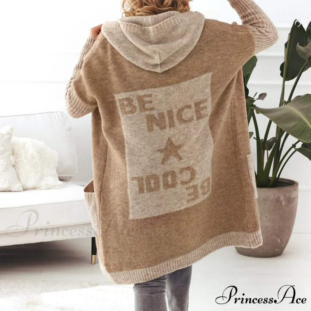 Letter Print Winter Warm Jacket Colorblock Hooded Cardigan - Image 5