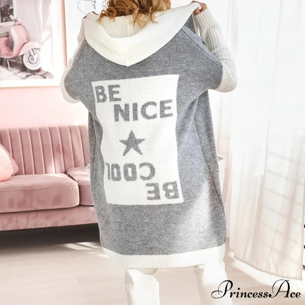 Letter Print Winter Warm Jacket Colorblock Hooded Cardigan - Image 6