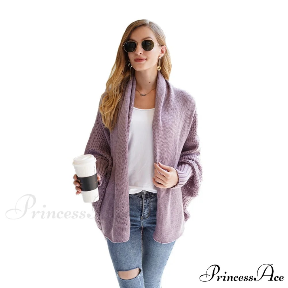 Solid Batwing Sleeve Loose-fitting Long Knitted Cardigan Sweater - Image 4