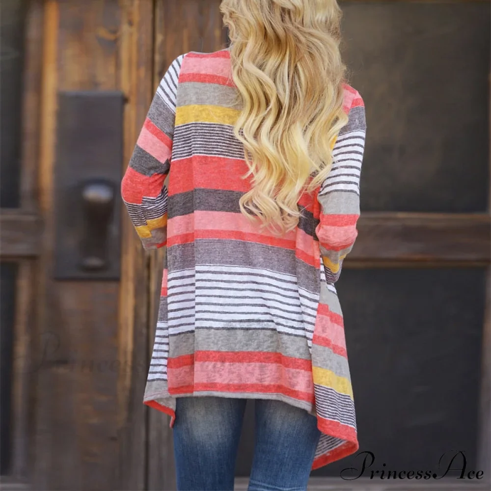 Striped Print Boho Cardigan Outwear Knitted Casual Vintage Coat - Image 2