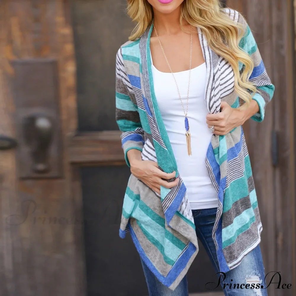 Striped Print Boho Cardigan Outwear Knitted Casual Vintage Coat - Image 3