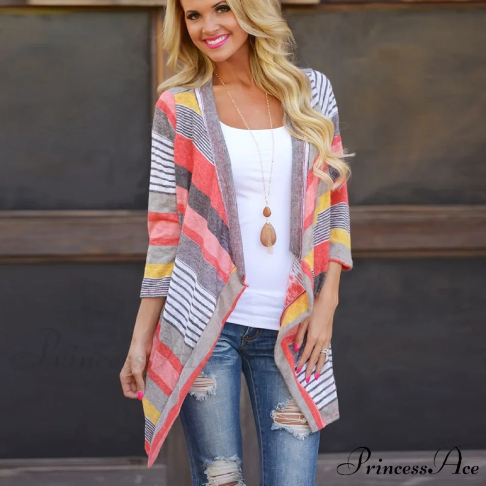 Striped Print Boho Cardigan Outwear Knitted Casual Vintage Coat - Image 6