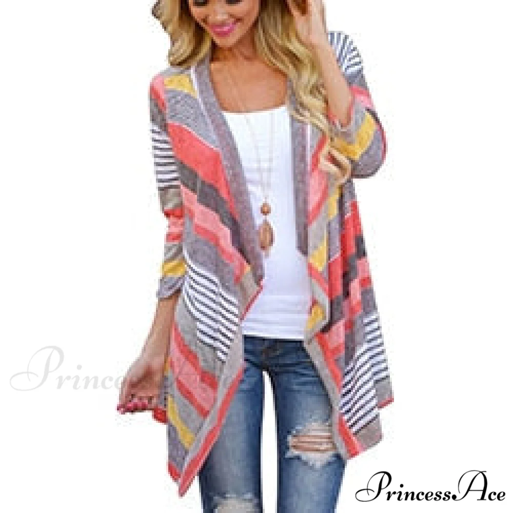 Striped Print Boho Cardigan Outwear Knitted Casual Vintage Coat - Image 8