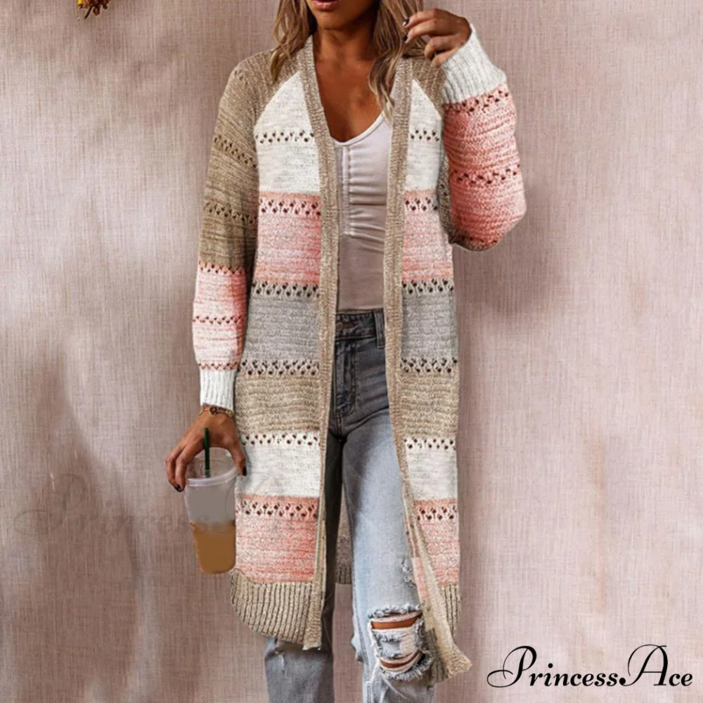 Women Cardigan Striped Comfy Patchwork Polyester Sweater - Image 2