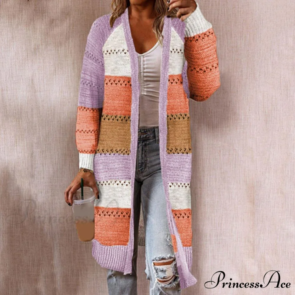 Women Cardigan Striped Comfy Patchwork Polyester Sweater - Image 3