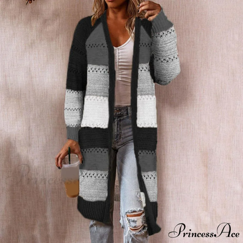 Women Cardigan Striped Comfy Patchwork Polyester Sweater - Image 4