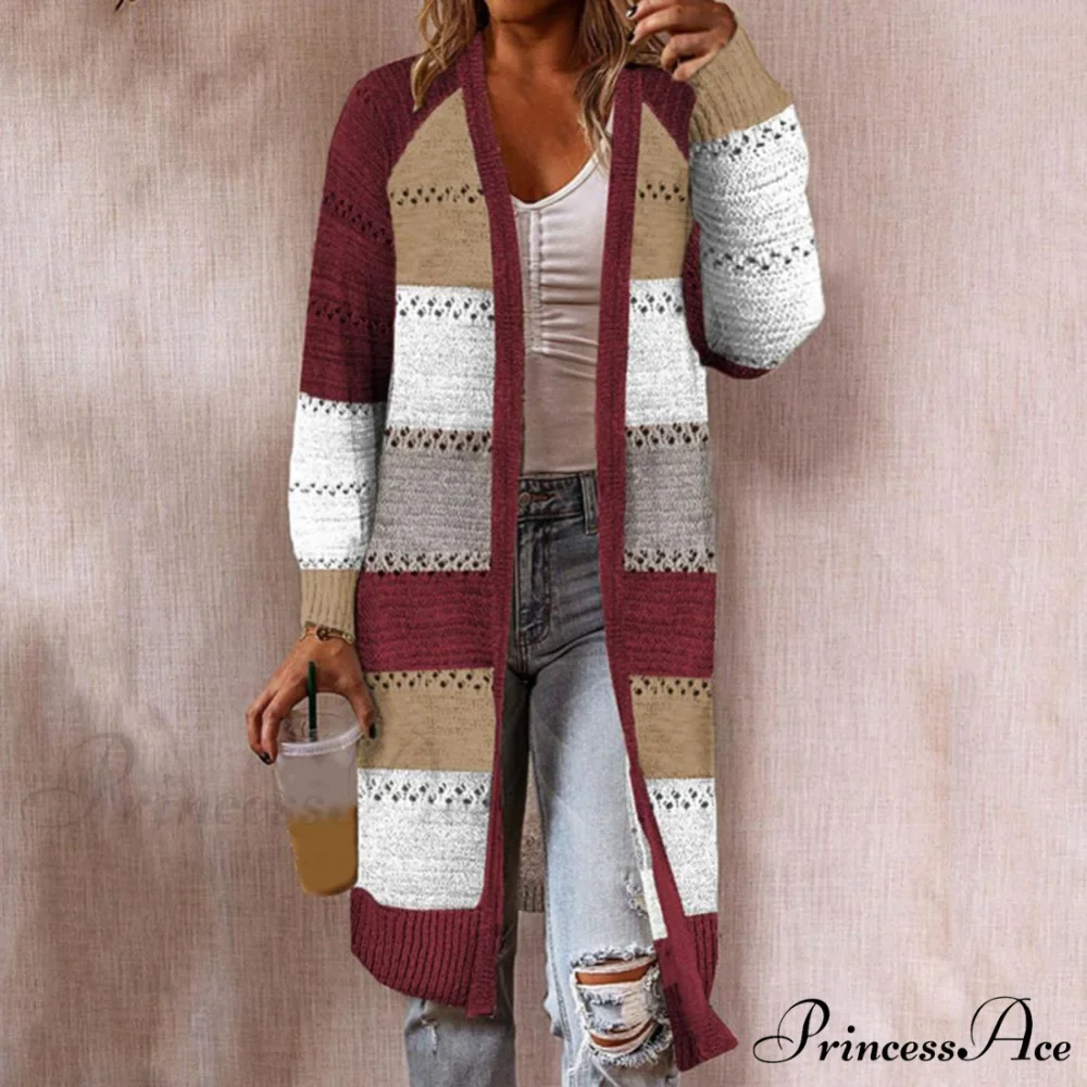 Women Cardigan Striped Comfy Patchwork Polyester Sweater - Image 5