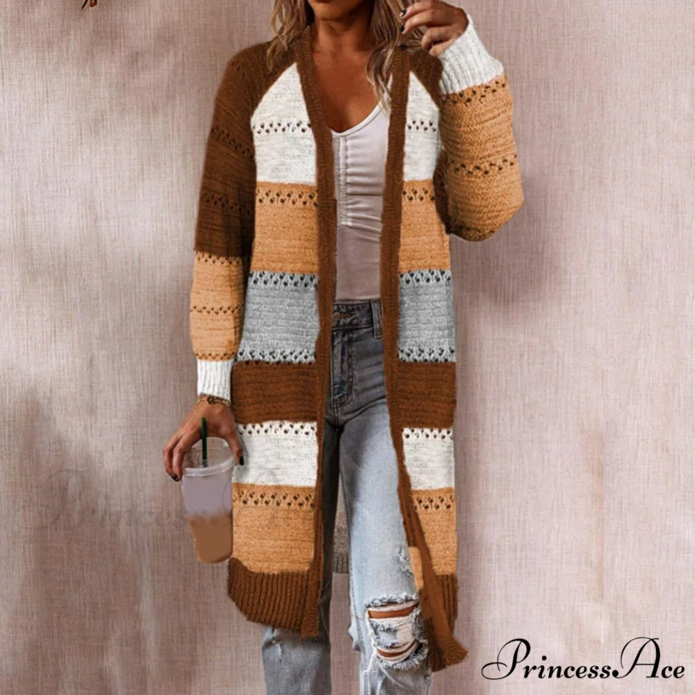 Women Cardigan Striped Comfy Patchwork Polyester Sweater - Image 6