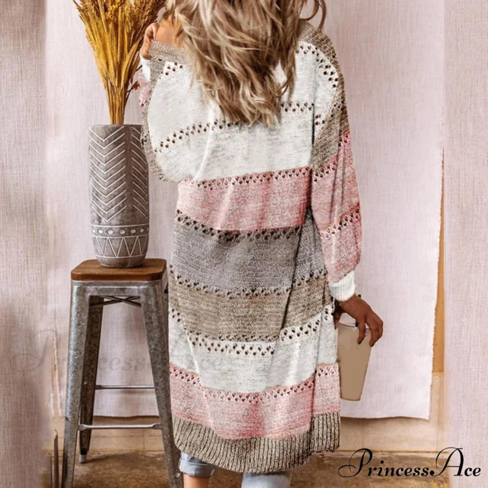 Women Cardigan Striped Comfy Patchwork Polyester Sweater - Image 7