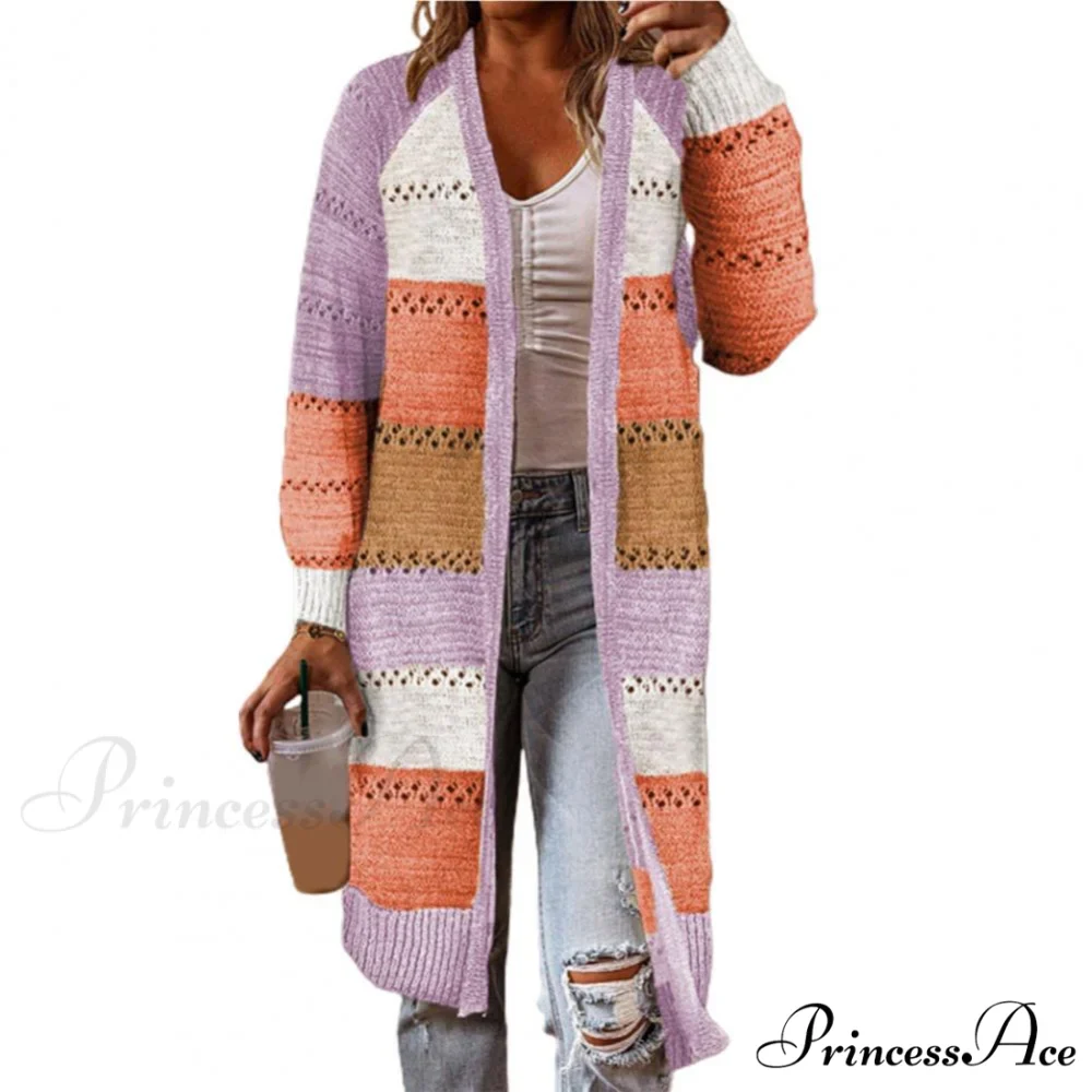 Women Cardigan Striped Comfy Patchwork Polyester Sweater - Image 8