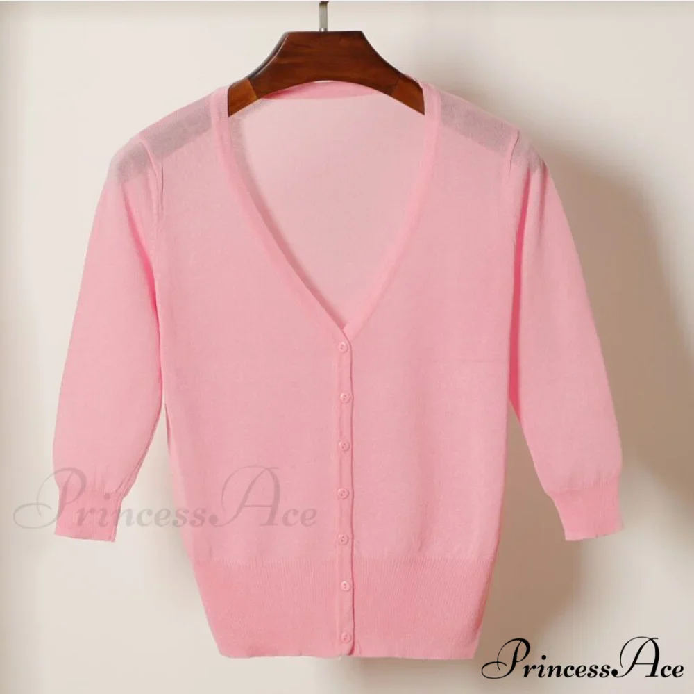 Knitted 3/4 Sleeve V-Neck Solid Casual Woman Cardigan Sweater - Image 11