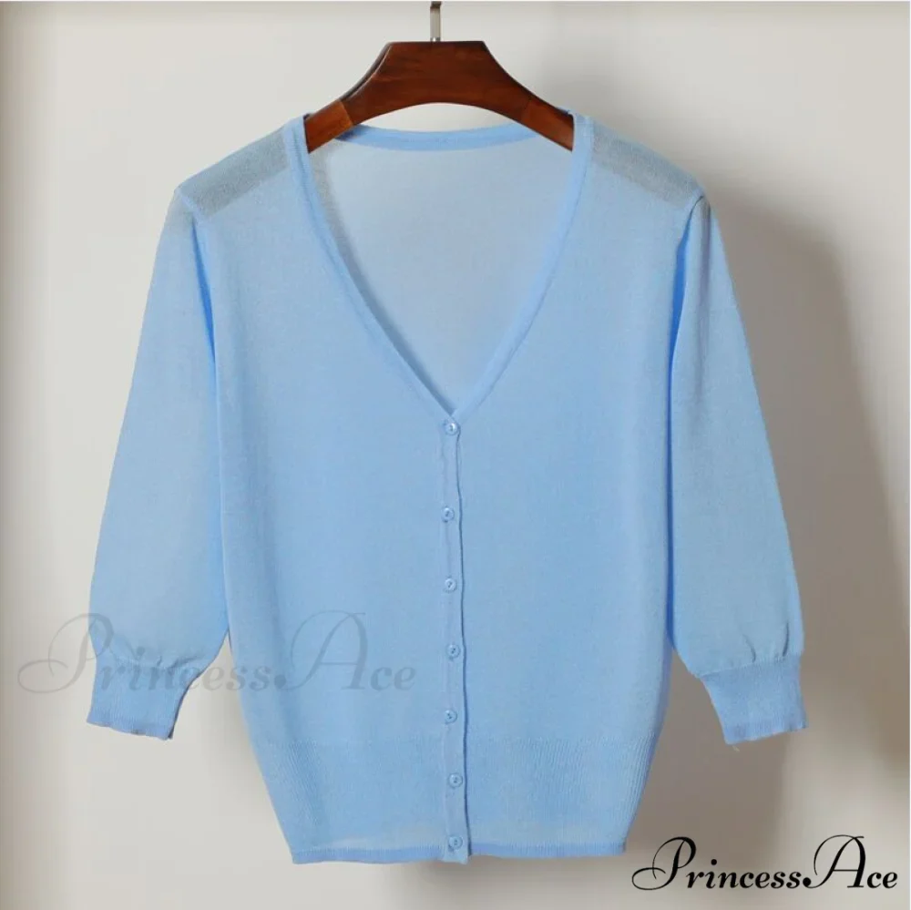 Knitted 3/4 Sleeve V-Neck Solid Casual Woman Cardigan Sweater - Image 13