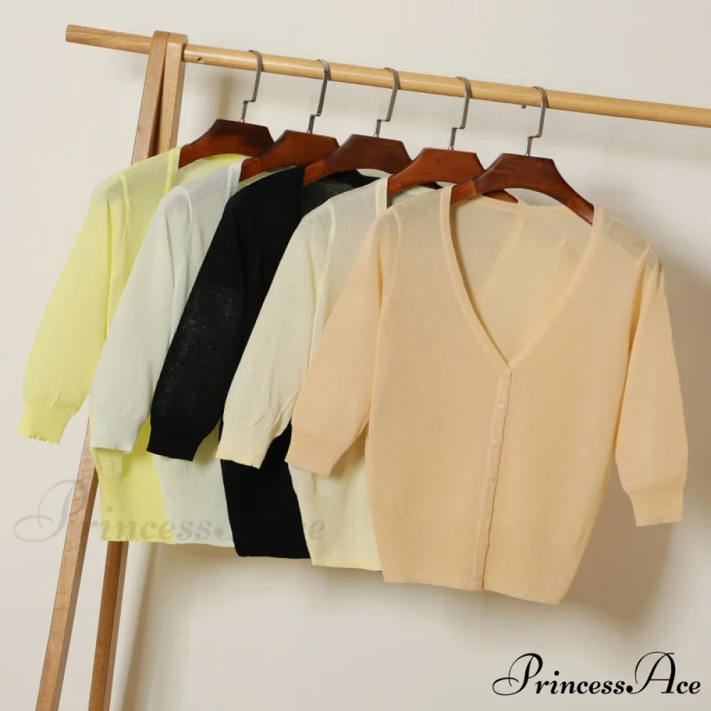 Knitted 3/4 Sleeve V-Neck Solid Casual Woman Cardigan Sweater - Image 2