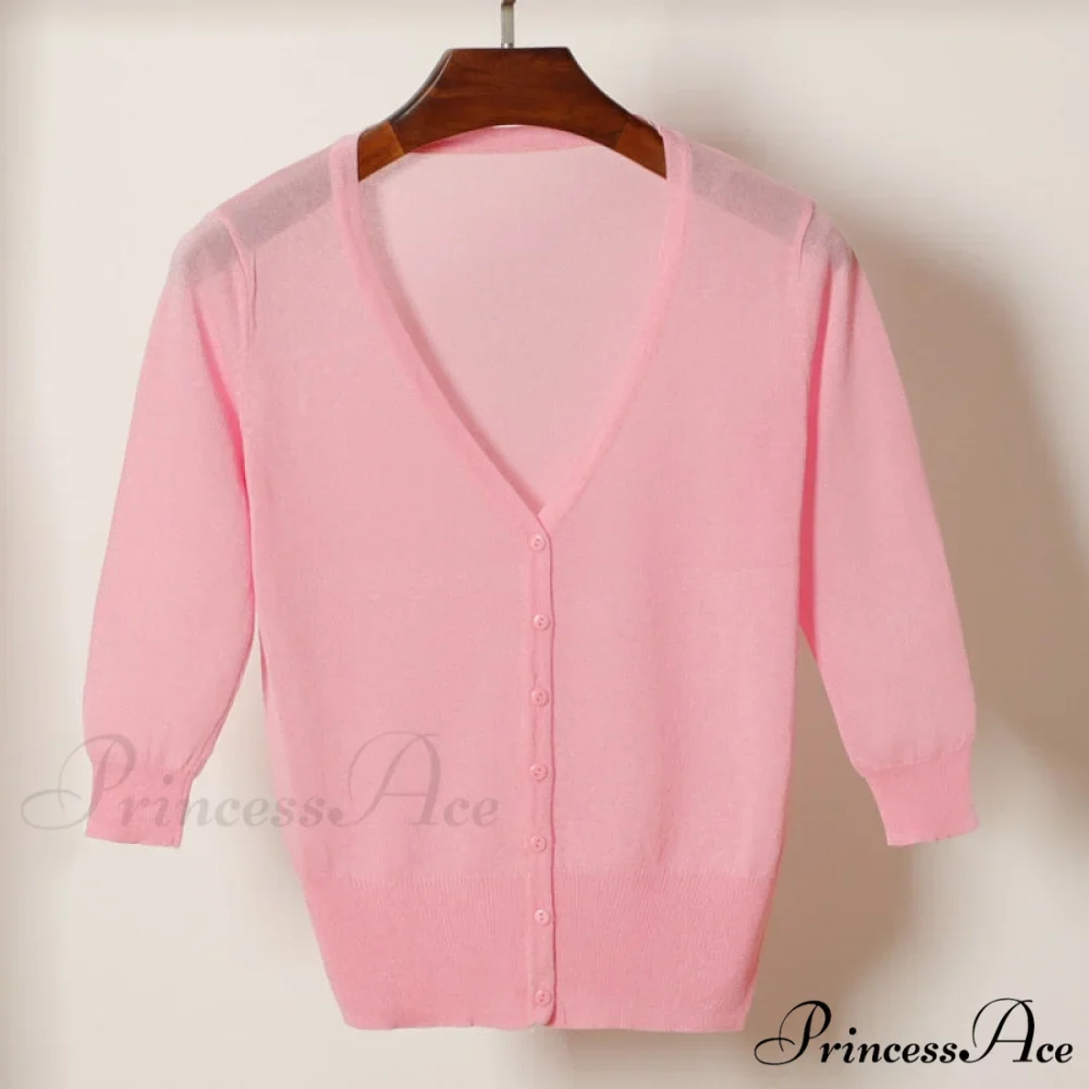 Knitted 3/4 Sleeve V-Neck Solid Casual Woman Cardigan Sweater - Image 4