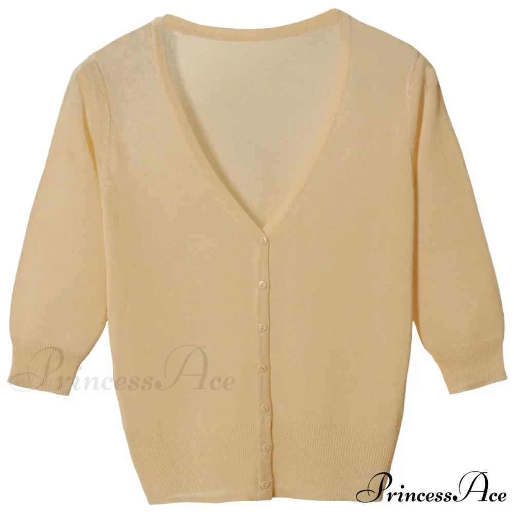 Knitted 3/4 Sleeve V-Neck Solid Casual Woman Cardigan Sweater - Image 5