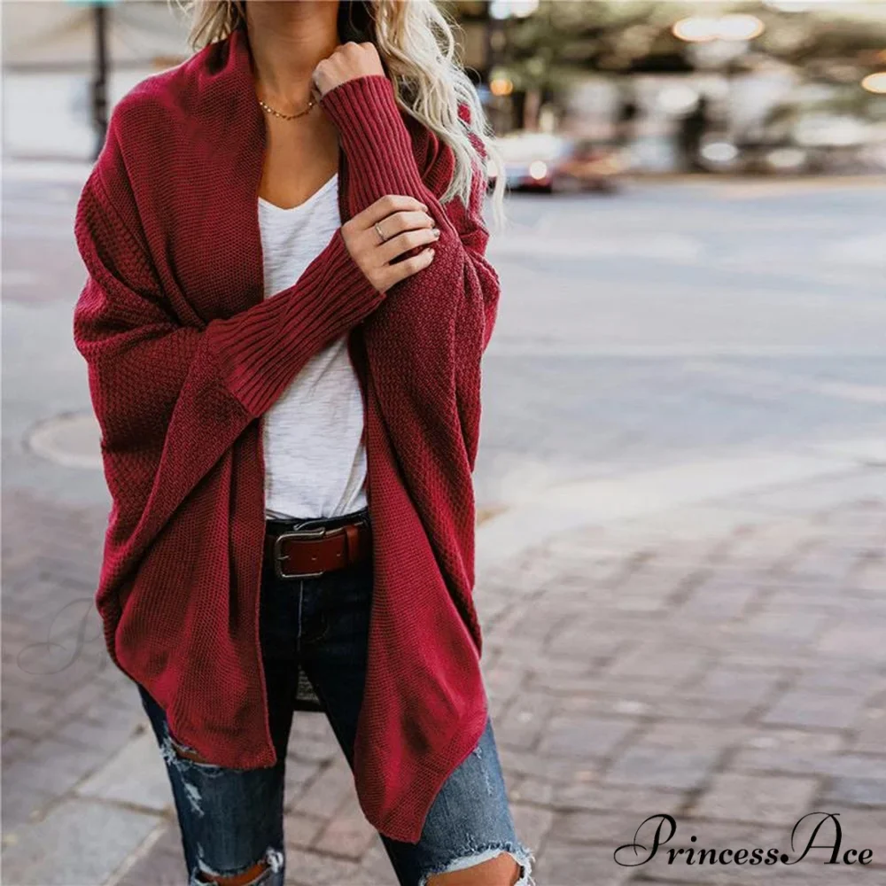 Long Knit Pocket Coat Female Casual Bat Sleeve Cardigan - Image 5