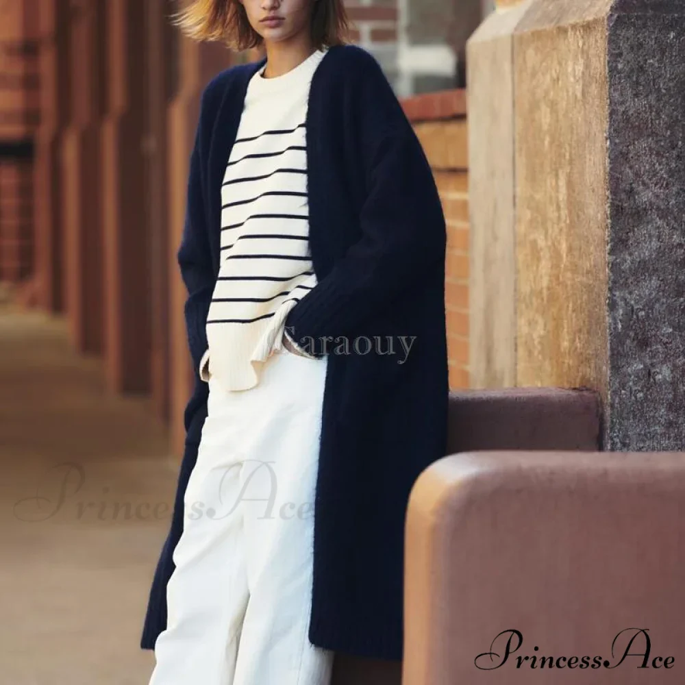 V Neck Knit Long Cardigan Coat Female Soft Sweaters - Image 2