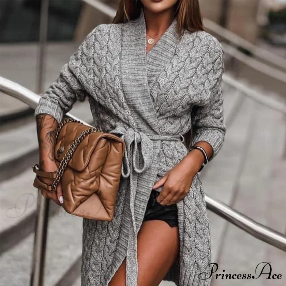 Sweater Cardigan Women Long Sleeve Lace-Up Loose Knitted Outwear - Image 3