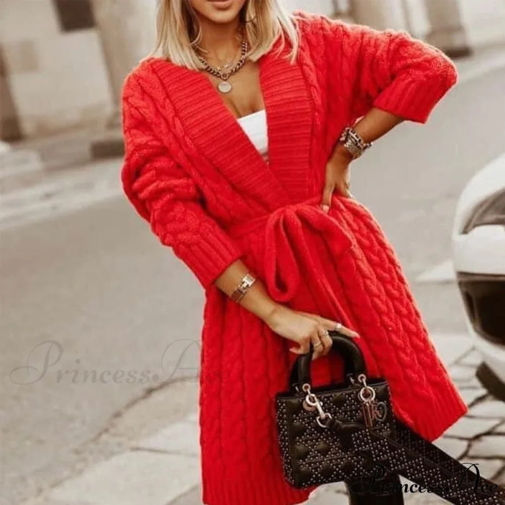 Sweater Cardigan Women Long Sleeve Lace-Up Loose Knitted Outwear - Image 4