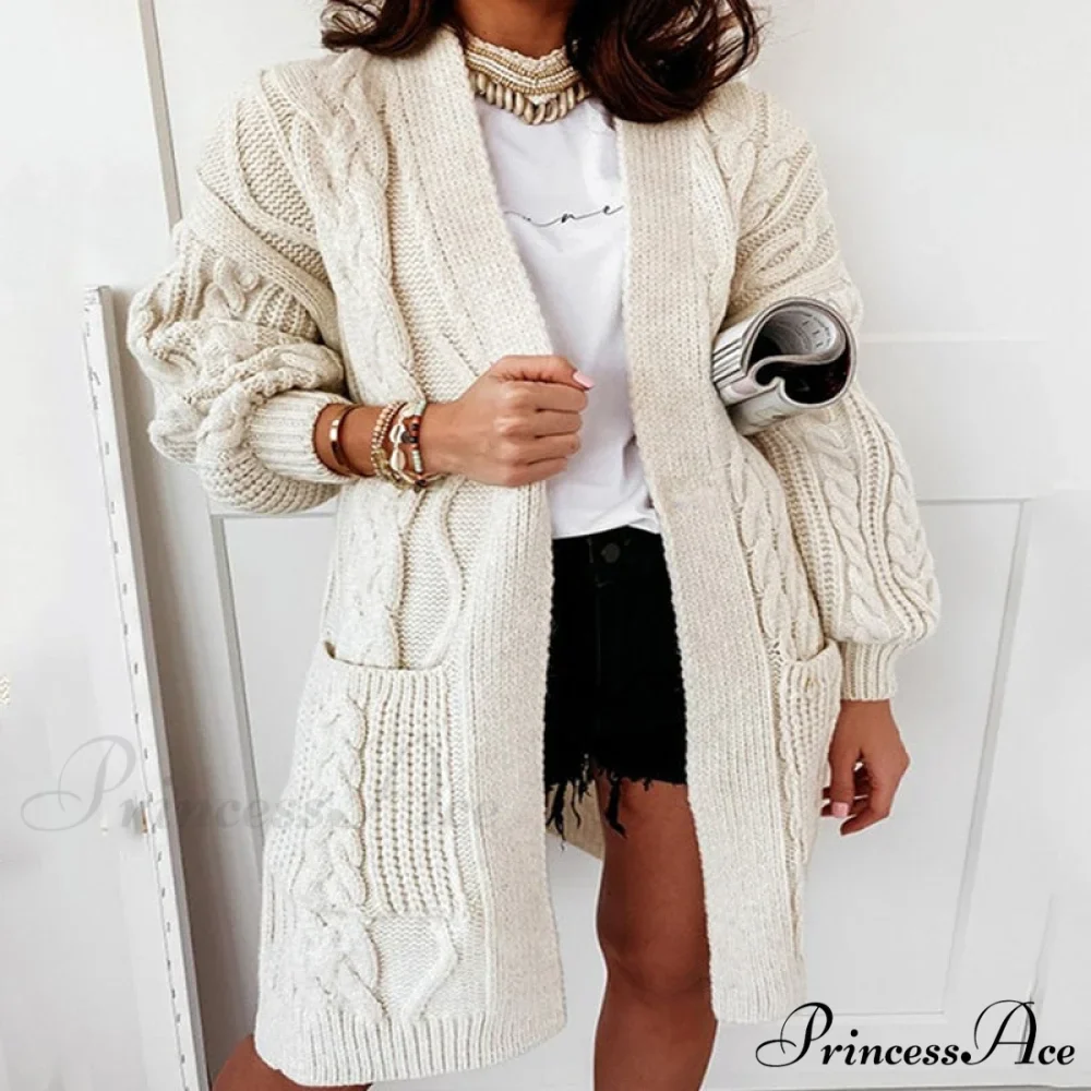 Oversized Lantern Sleeve Knitted Sweater Warm Long Cardigan - Image 2
