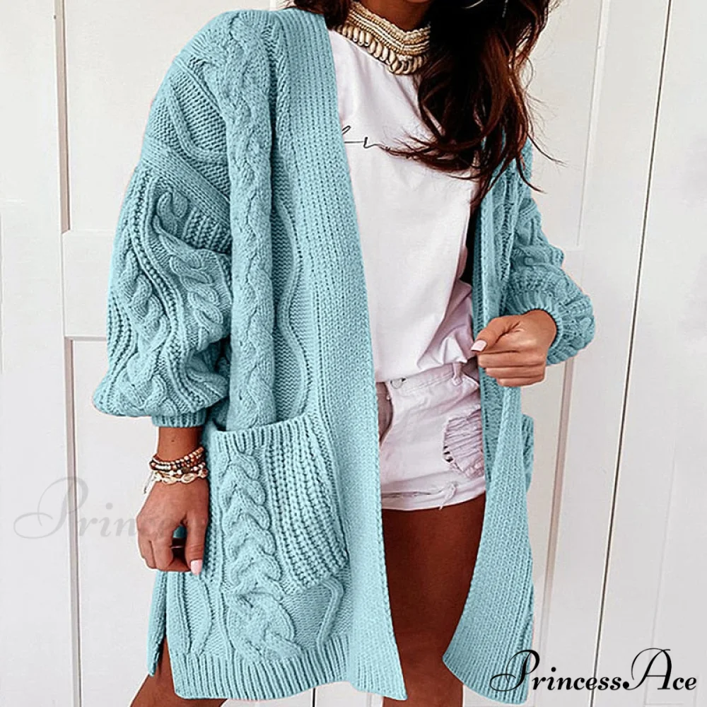 Oversized Lantern Sleeve Knitted Sweater Warm Long Cardigan - Image 6