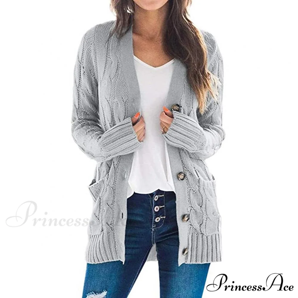 Women Knitted Cardigan Pockets Button Sweater Coat - Image 10