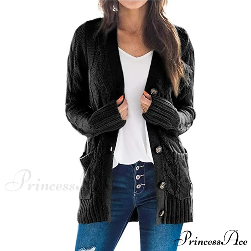Women Knitted Cardigan Pockets Button Sweater Coat - Image 2