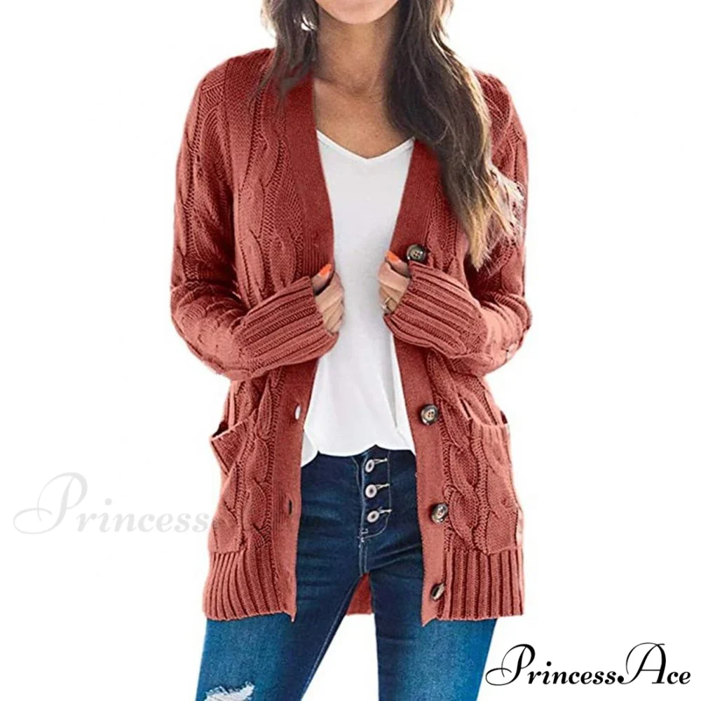 Women Knitted Cardigan Pockets Button Sweater Coat - Image 3