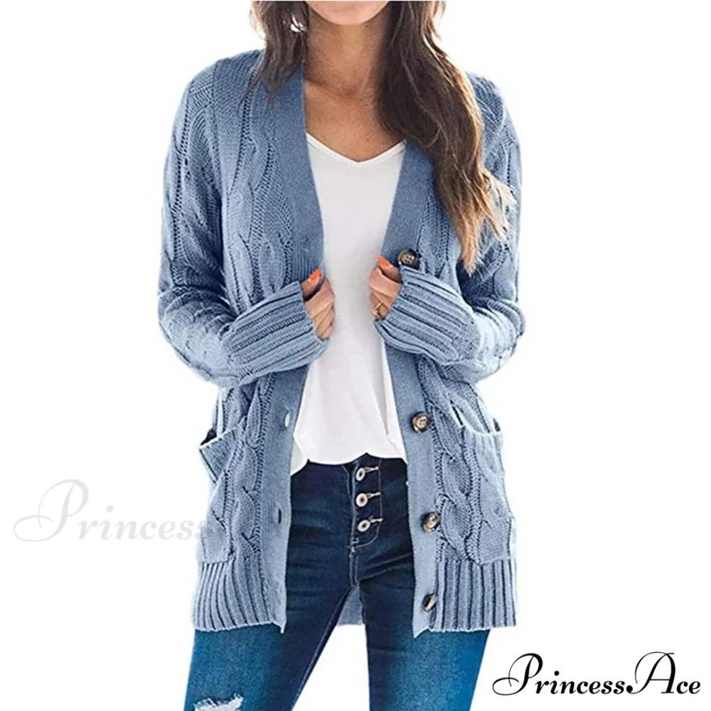Women Knitted Cardigan Pockets Button Sweater Coat - Image 4