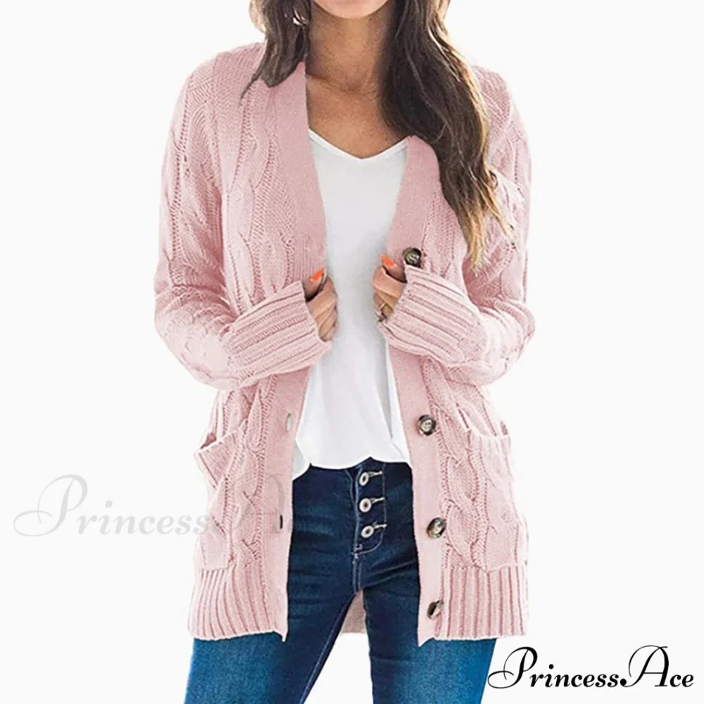Women Knitted Cardigan Pockets Button Sweater Coat - Image 5