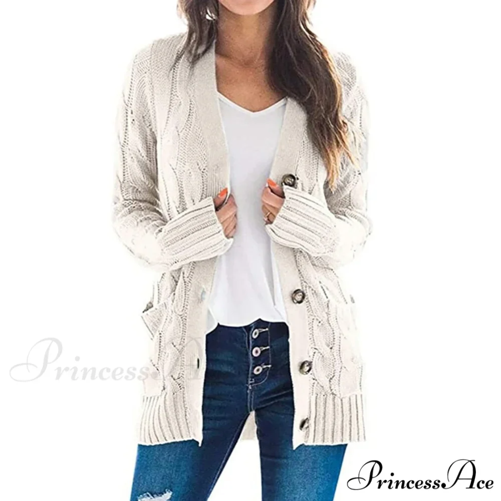 Women Knitted Cardigan Pockets Button Sweater Coat - Image 6