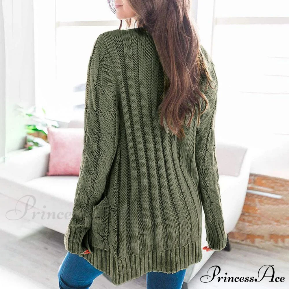 Women Knitted Cardigan Pockets Button Sweater Coat - Image 7