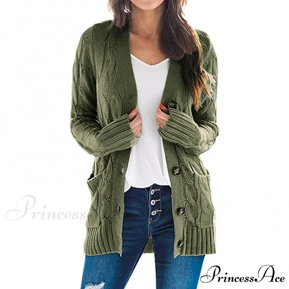 Women Knitted Cardigan Pockets Button Sweater Coat - Image 8