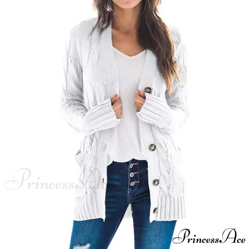 Women Knitted Cardigan Pockets Button Sweater Coat - Image 9