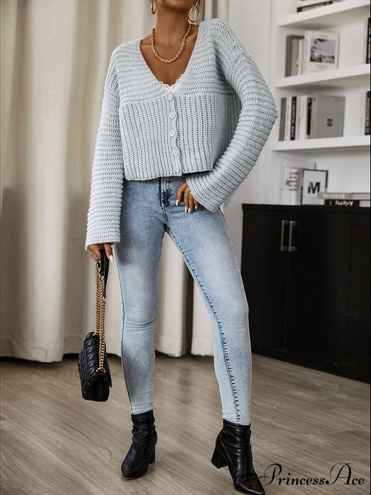 Long Sleeves V Neck Buttons Up Short Knit Open Cardigan - Image 2