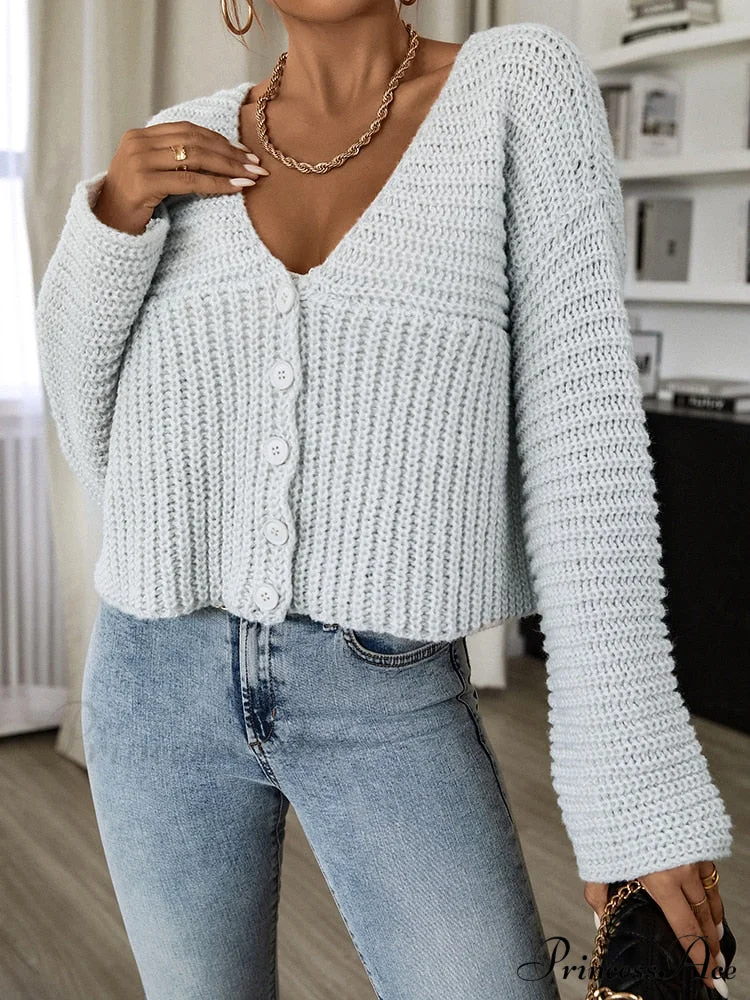 Long Sleeves V Neck Buttons Up Short Knit Open Cardigan - Image 5