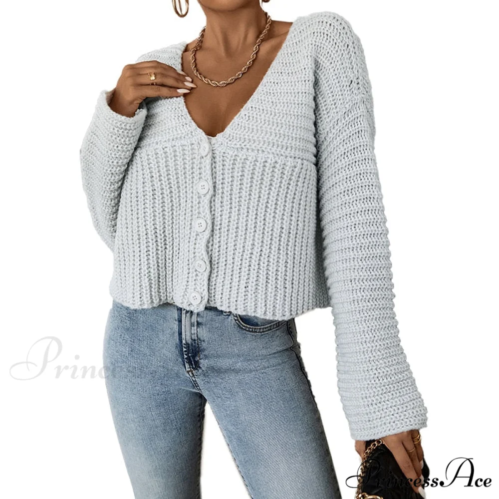Long Sleeves V Neck Buttons Up Short Knit Open Cardigan - Image 6