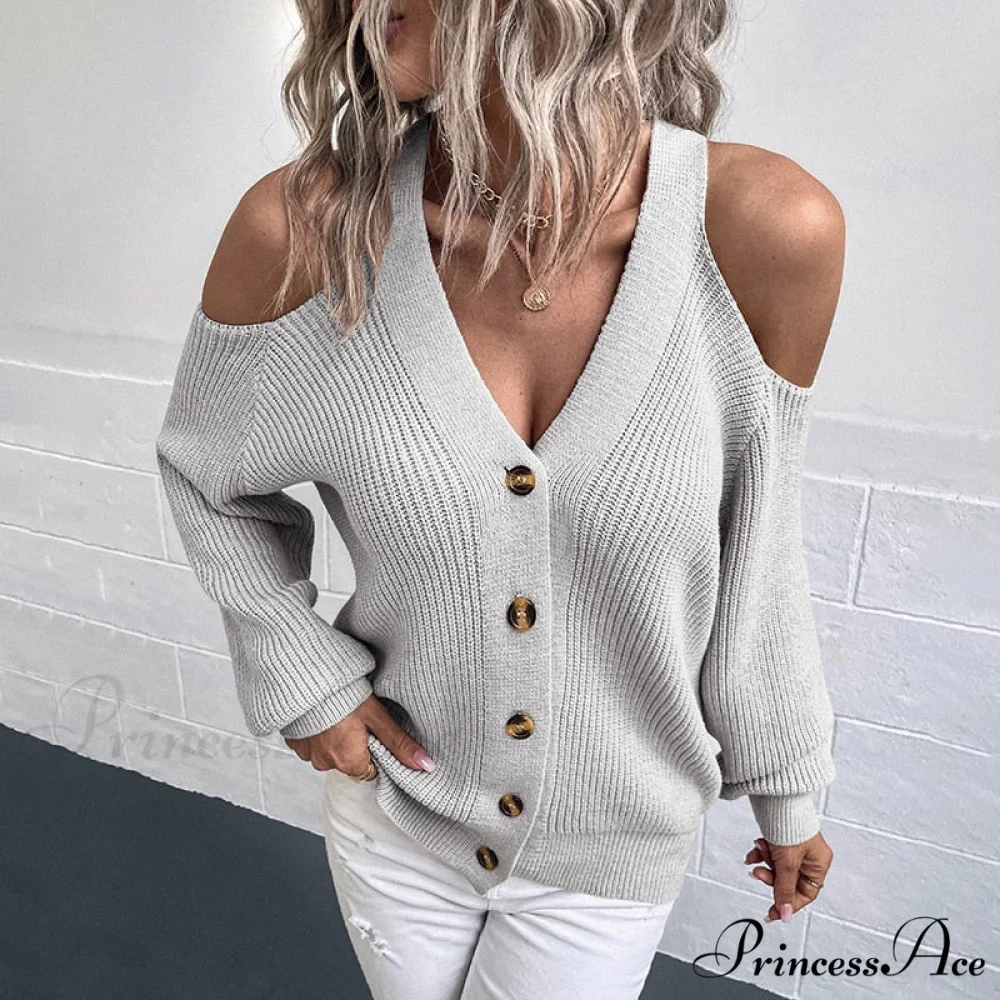 Off Shoulder Sweater High Quality Simple Knit Cardigan - Image 3