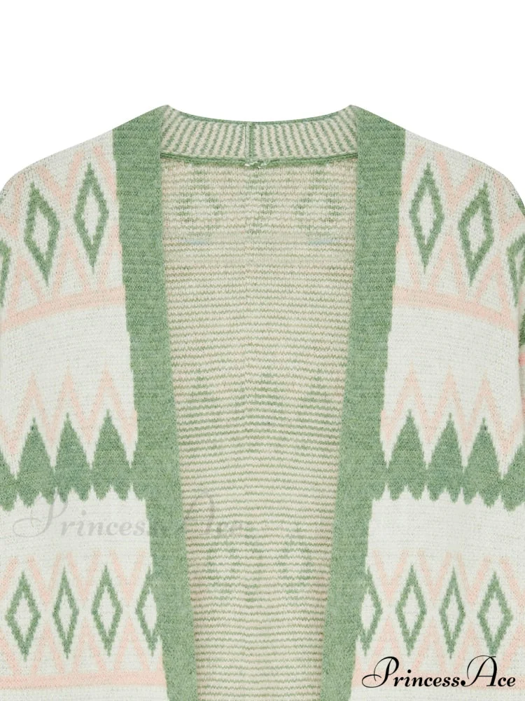 Green White Knee Length Loose Open Cardigan Sweater - Image 2