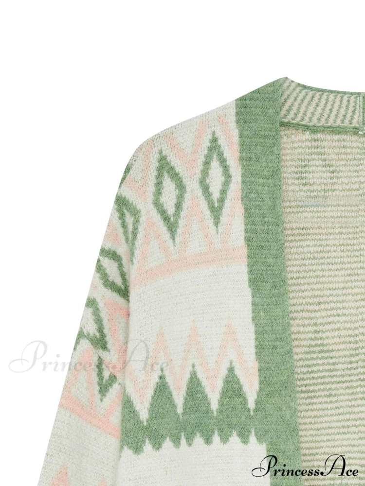 Green White Knee Length Loose Open Cardigan Sweater - Image 3