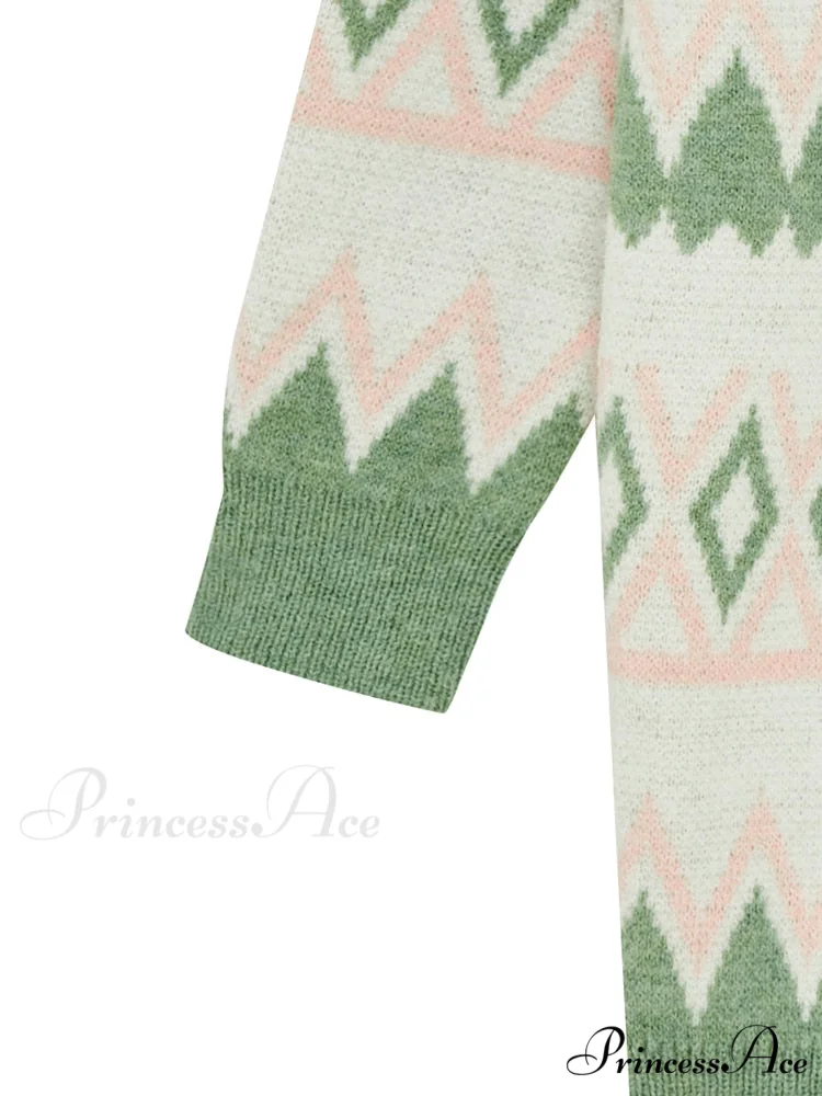 Green White Knee Length Loose Open Cardigan Sweater - Image 4