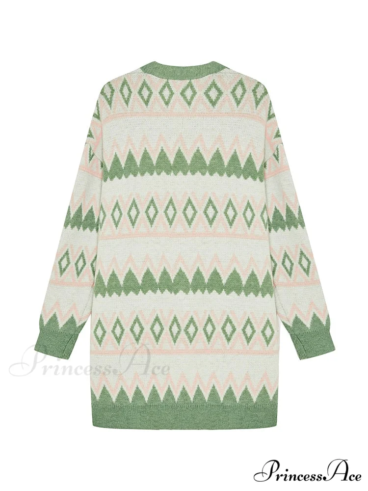 Green White Knee Length Loose Open Cardigan Sweater - Image 5