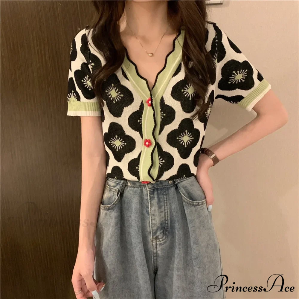 V-Neck Knitted Printed Flowers Sweaters Vintage Cardigan - Image 2