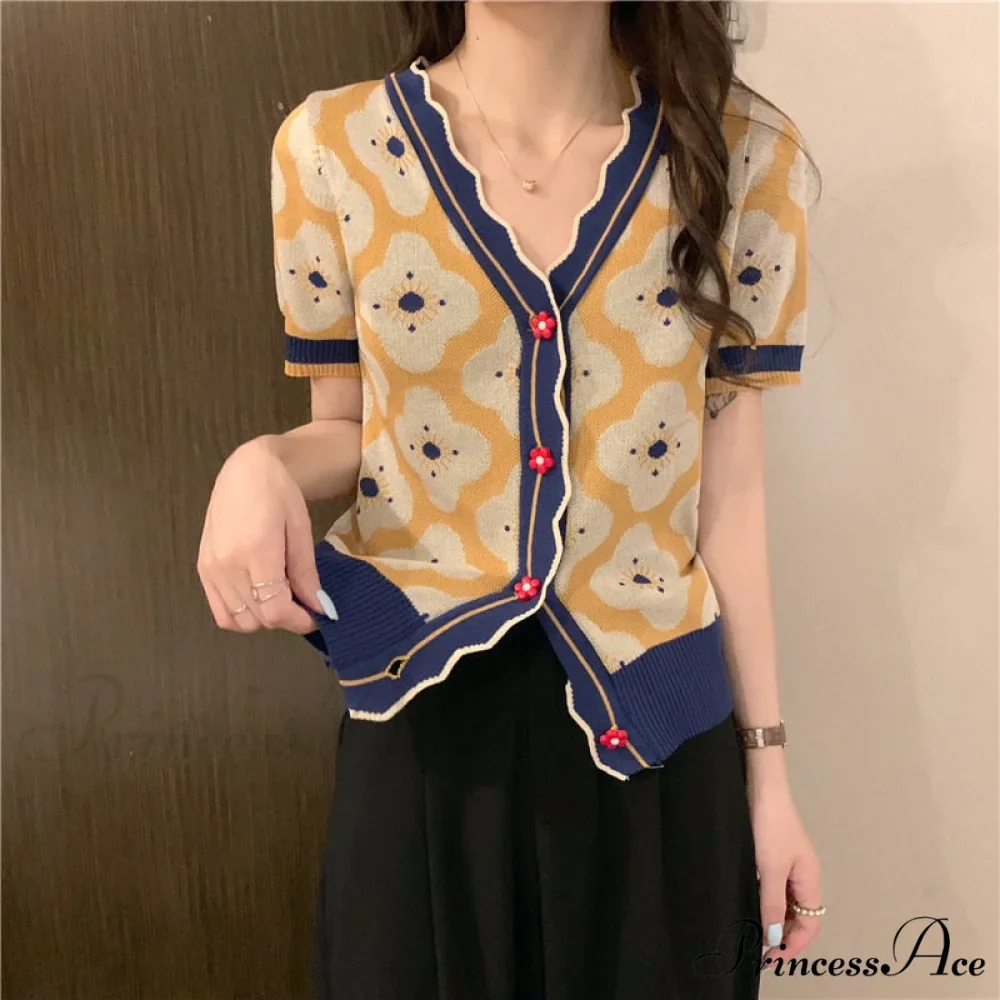 V-Neck Knitted Printed Flowers Sweaters Vintage Cardigan - Image 3