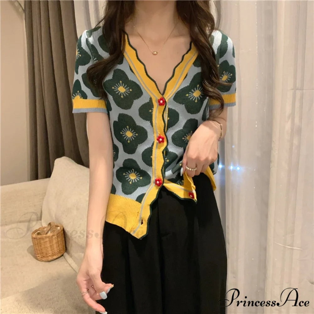 V-Neck Knitted Printed Flowers Sweaters Vintage Cardigan - Image 4
